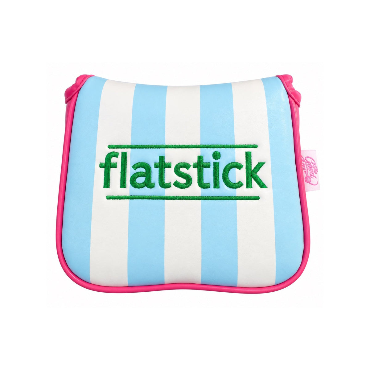 Flatstick putter headcover with blue and white stripes and pink trim