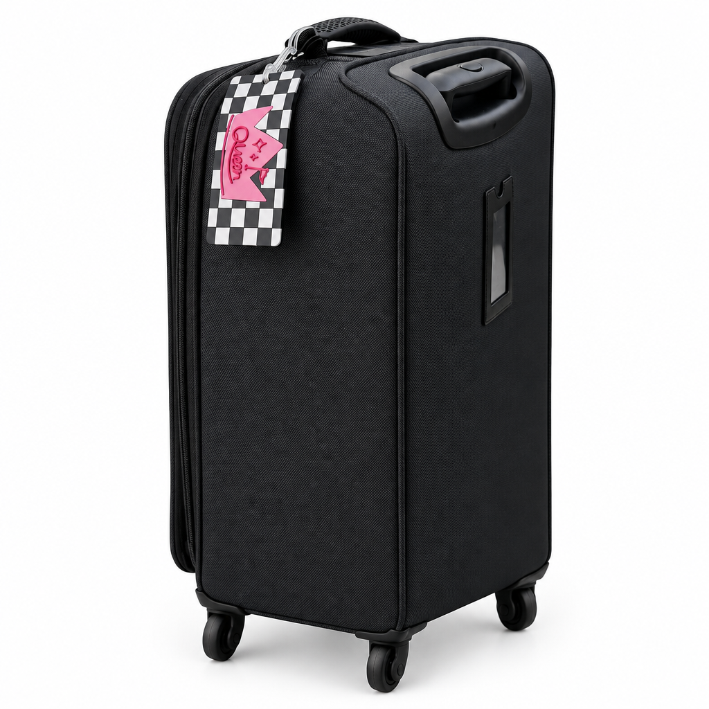 Queen checkerboard bag tag attached to a black suitcase