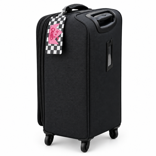 Queen checkerboard bag tag attached to a black suitcase